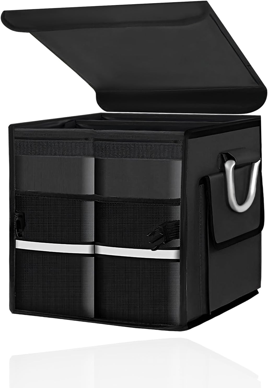 Car Trunk Organizer with Lid, 28L Collapsible Oxford Auto Storage Organizer with Reflective Strip & Handle, Multi-Purpose 2-Compartment Cargo Container for Cars SUVs Trucks (Black)