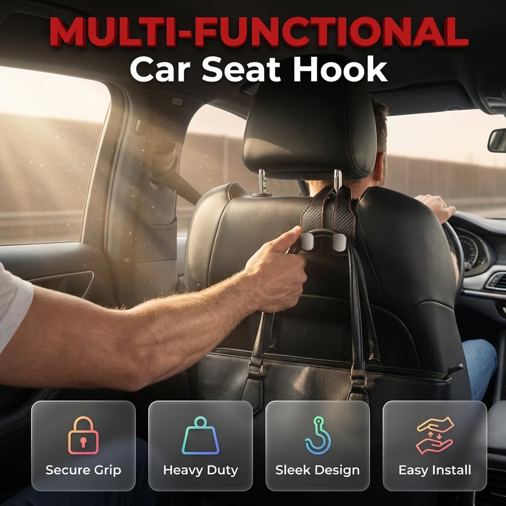Car Headrest Hooks 2 Pack, Double Hook Seat Organizer for Purses Bags,Black