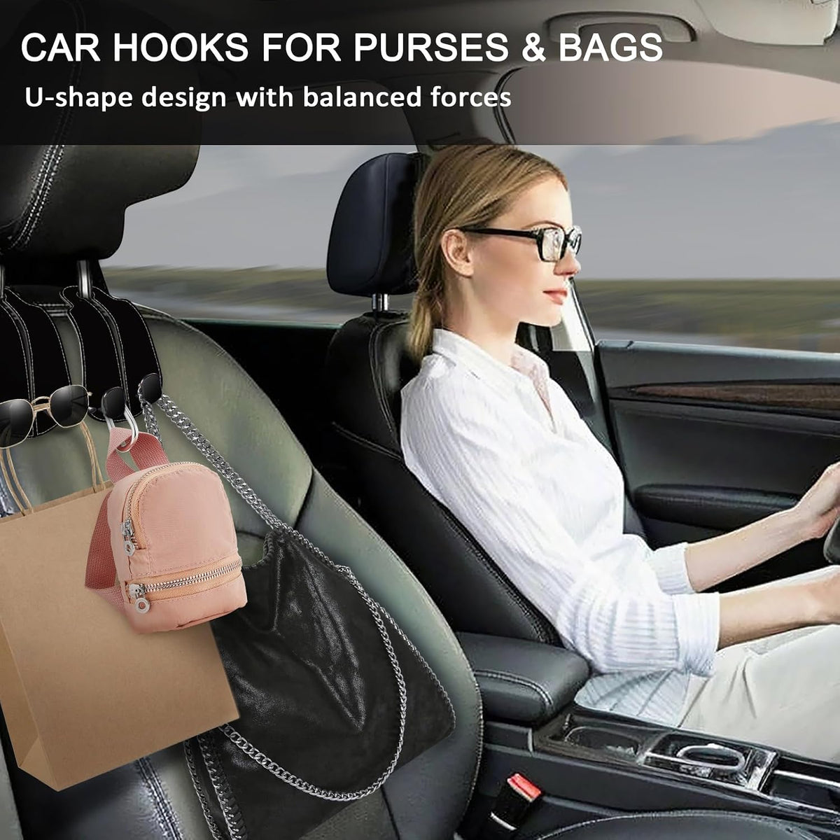 Blusabaca 2PCS Car Seat Headrest Hooks, Purses Bags Holder, Black