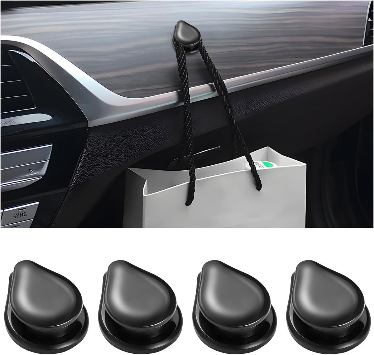 4PCS Car Mini Hooks, Self-Adhesive Backseat Hanger Multifunctional Vehicle Hanging Holder, Dashboard Storage Hook Interior Hanging Organizer for Key USB Cable Earphone (Black)