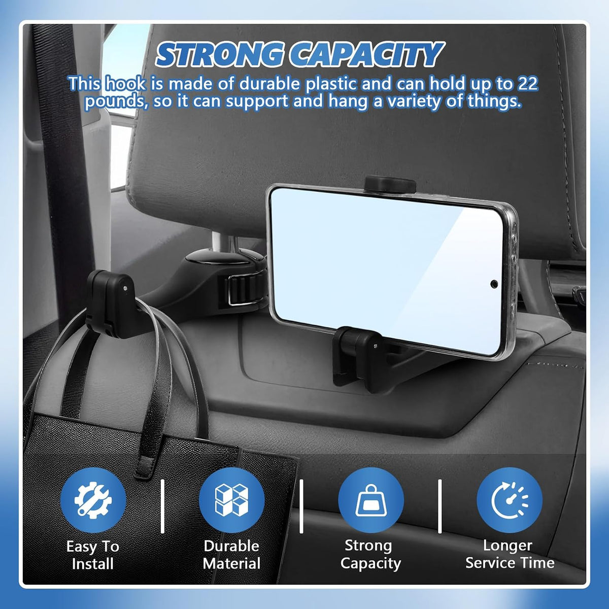 2PCS Car Headrest Hidden Hooks, 2‑in‑1 Phone Holder Hooks (Black)