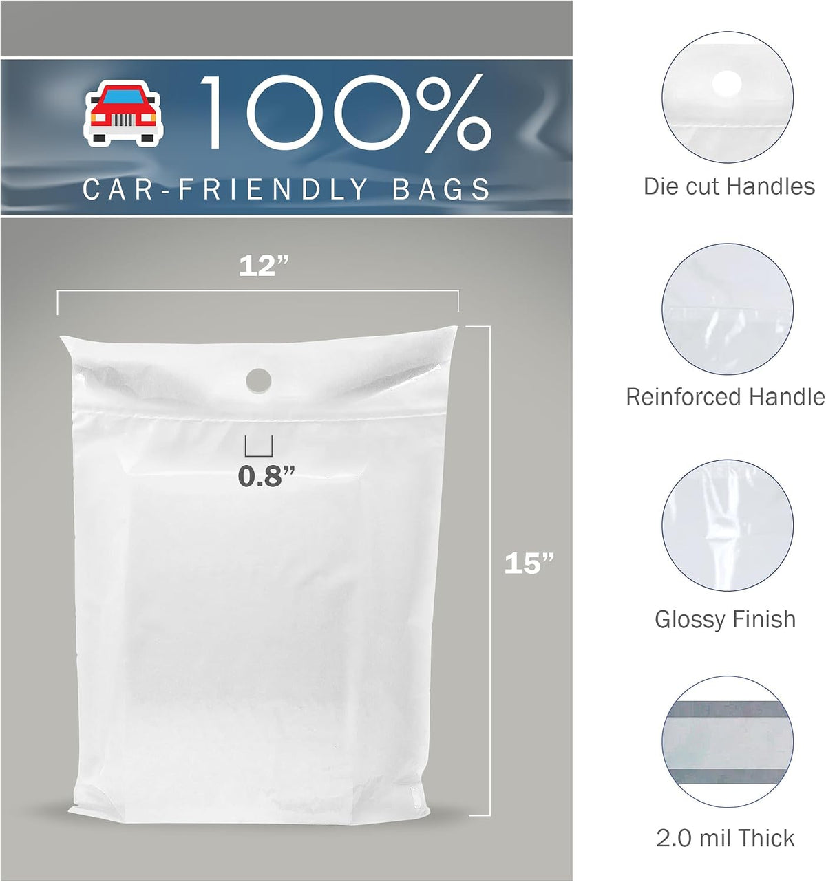 12x15 White Car Trash Bags, Leak-Proof, Headrest Handle, 2 Mil, 50 Pack
