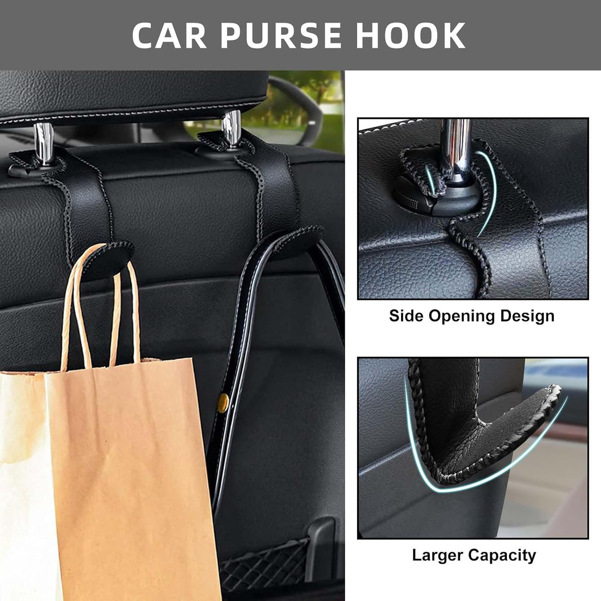 Headrest Hooks for Car, 2 Pack Back Seat Purse Hook Leather Hanger Holder Hook for Hanging Purses and Bags and Coats Black