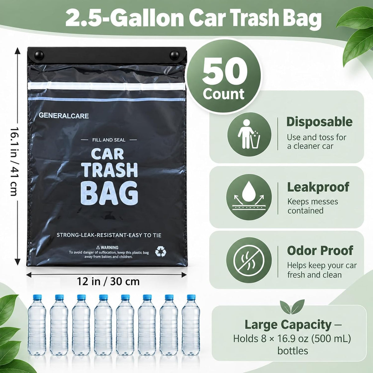 50 Count Disposable Car Trash Bags 2.5 Gallon 1.57mil Heavy Duty Car Trash Can Leakproof Hanging & Stick-On Garbage Bag for Car