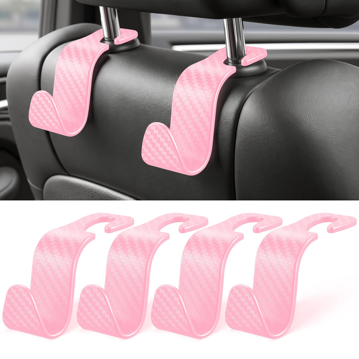 SINGARO Universal 4 Pack Car Seat Headrest Purse Hook, Carbon Fiber Back Seat Hook Storage Organizer Hanger for Purse Handbag Coat, Car Interior Accessories(Black)