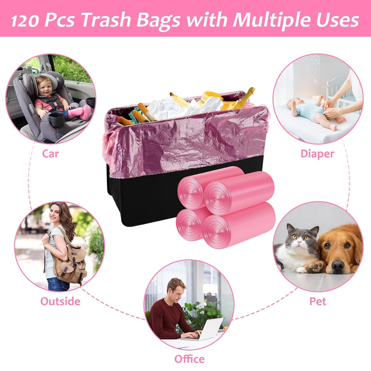 Accmor Mini Car Trash Can Bags for Auto Trash Bin, 120 Count Small Garbage Organizer Bags Tear-Resistant, Liner Refills (Vehicle Trash Can is not Included), Pink