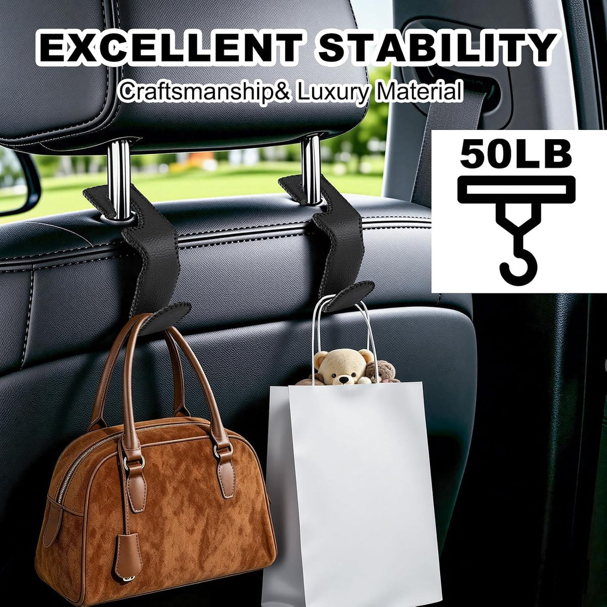 Headrest Hooks for Car, 2 Pack Back Seat Purse Hook Leather Hanger Holder Hook for Hanging Purses and Bags and Coats Black