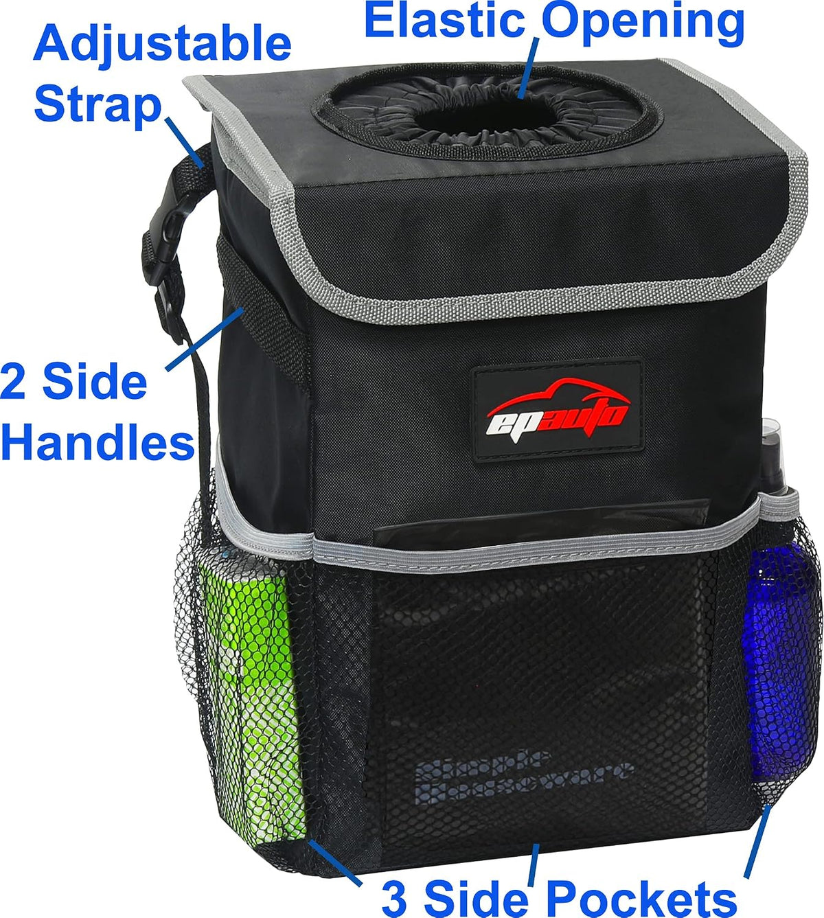 EPAuto Waterproof Car Trash Can with Lid and Pockets, 2.5 Gal, Black