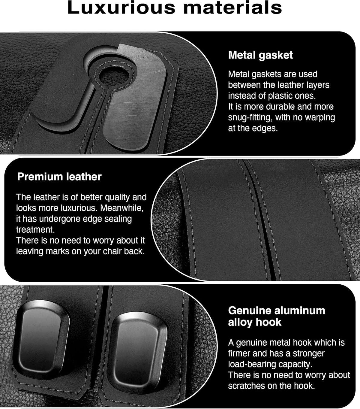 Car Hooks for Headrest, 2Pcs Seat Back Storage Hook Luxurious Leather 100% Metal Multifunctional Car Hanger & Holder for Heatrest, Seat, Bag, Purse (Black)