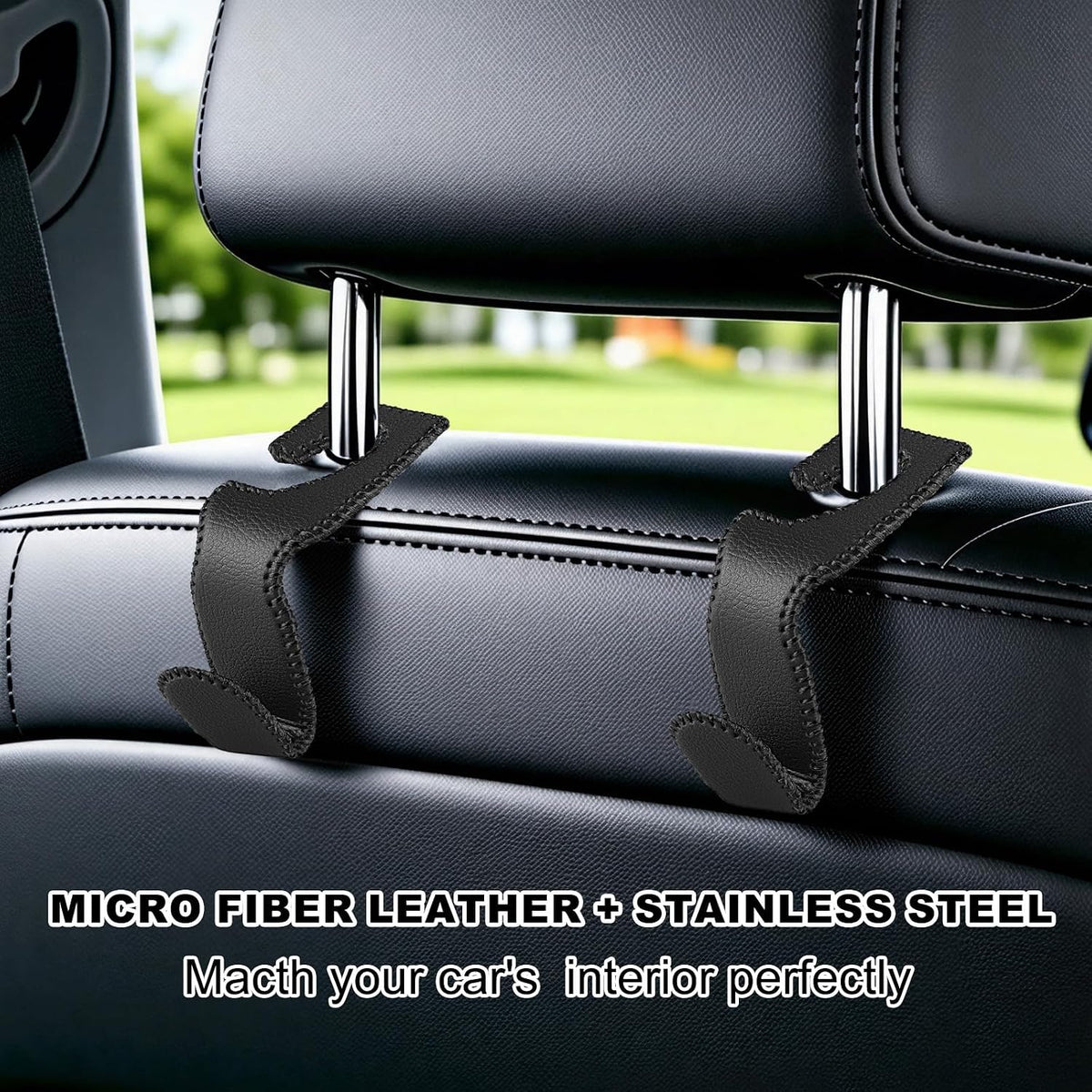 Headrest Hooks for Car, 2 Pack Back Seat Purse Hook Leather Hanger Holder Hook for Hanging Purses and Bags and Coats Black