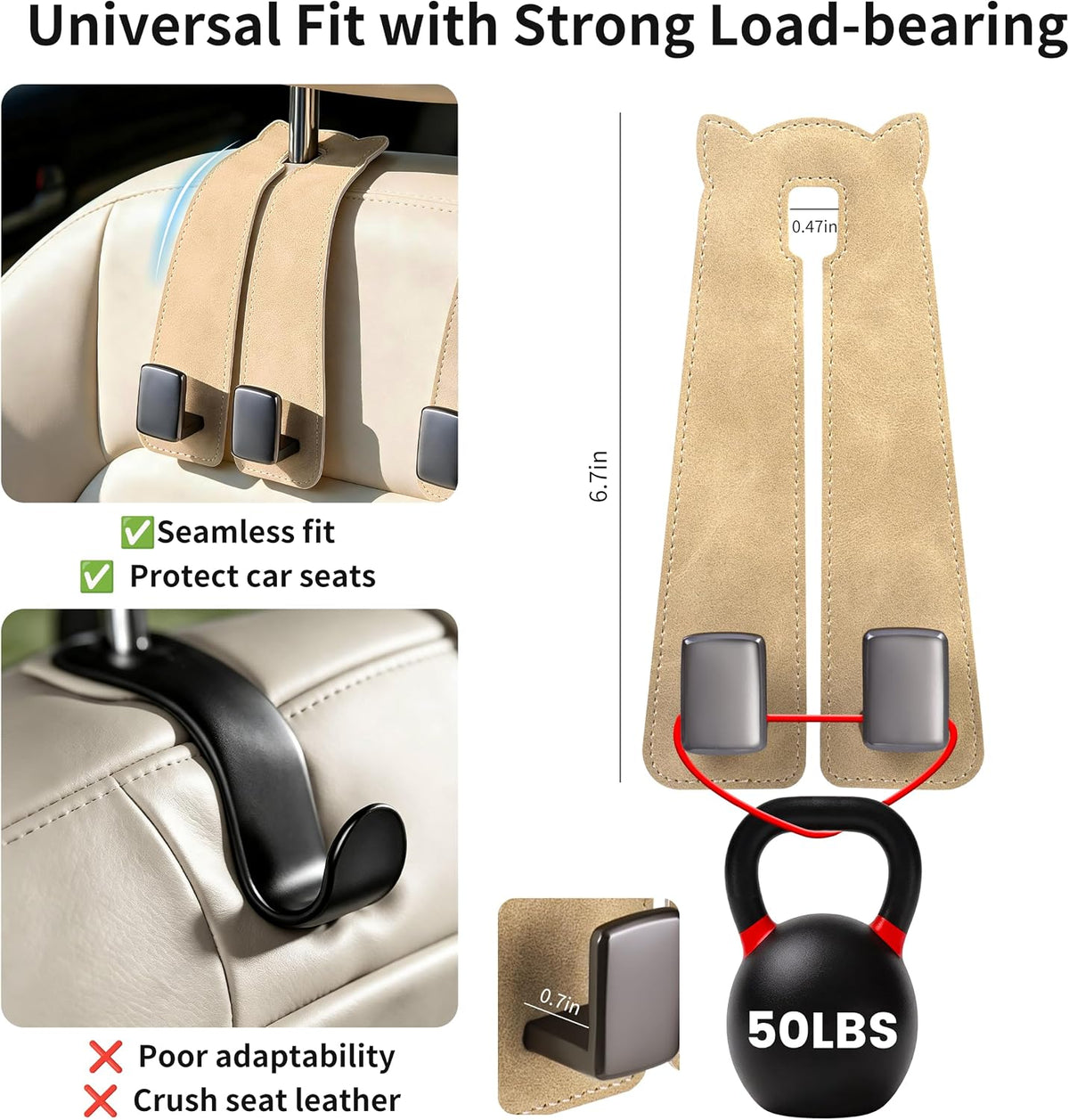 Amooca Car Headrest Hooks 2-Pack Suede Seat Organizer with Metal Core