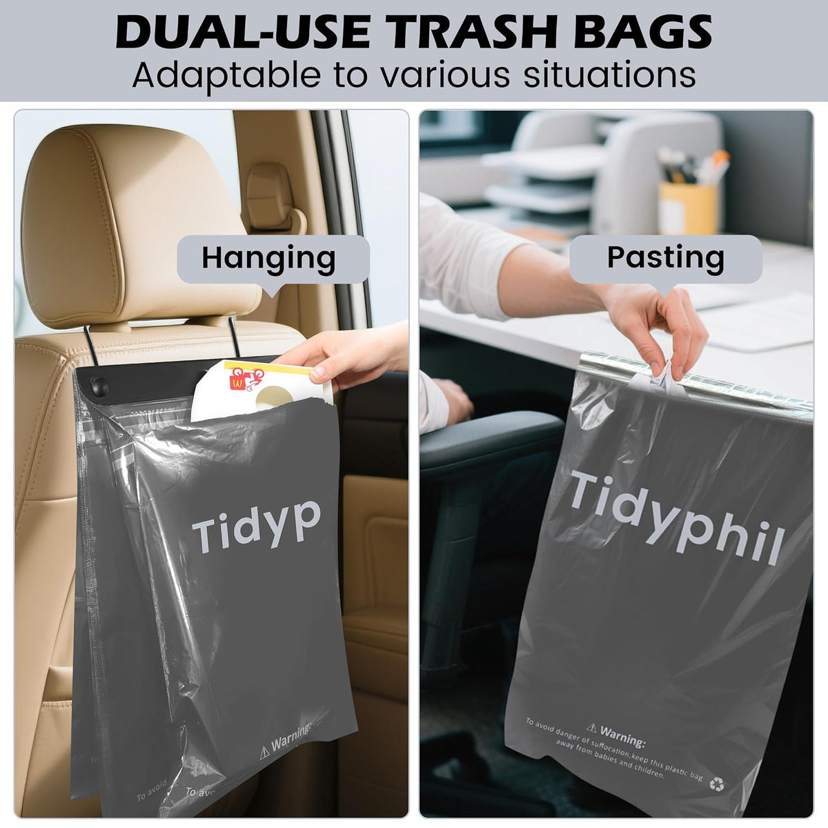 50 Bags Hanging Car Trash Bags Disposable, 2 Gallon Car Garbage Bags. Gray