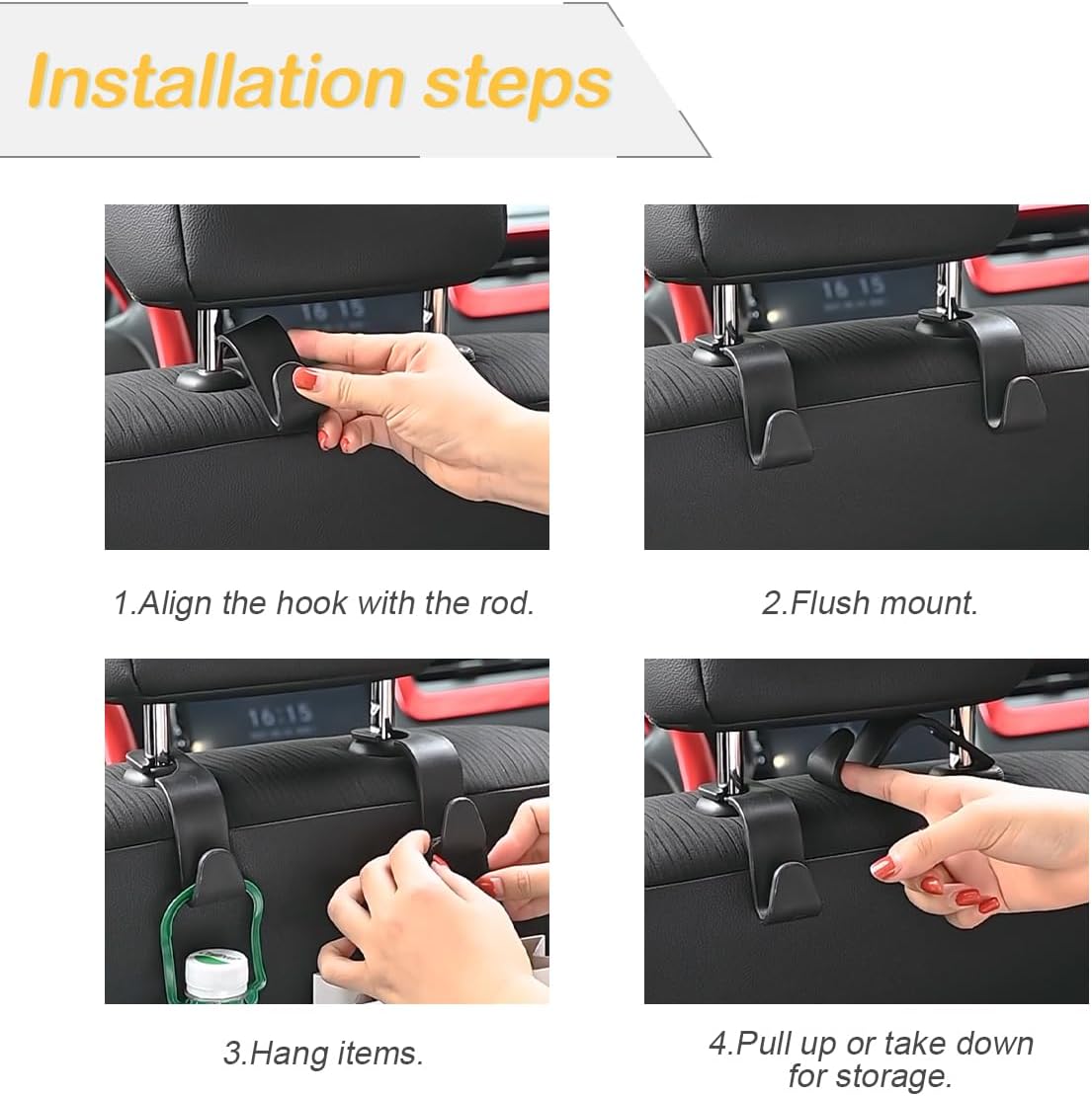 Osilly 4 Pack 360-Degree Rotating Headrest Hooks, Black