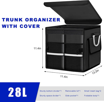 Car Trunk Organizer with Lid, 28L Collapsible Oxford Auto Storage Organizer with Reflective Strip & Handle, Multi-Purpose 2-Compartment Cargo Container for Cars SUVs Trucks (Black)