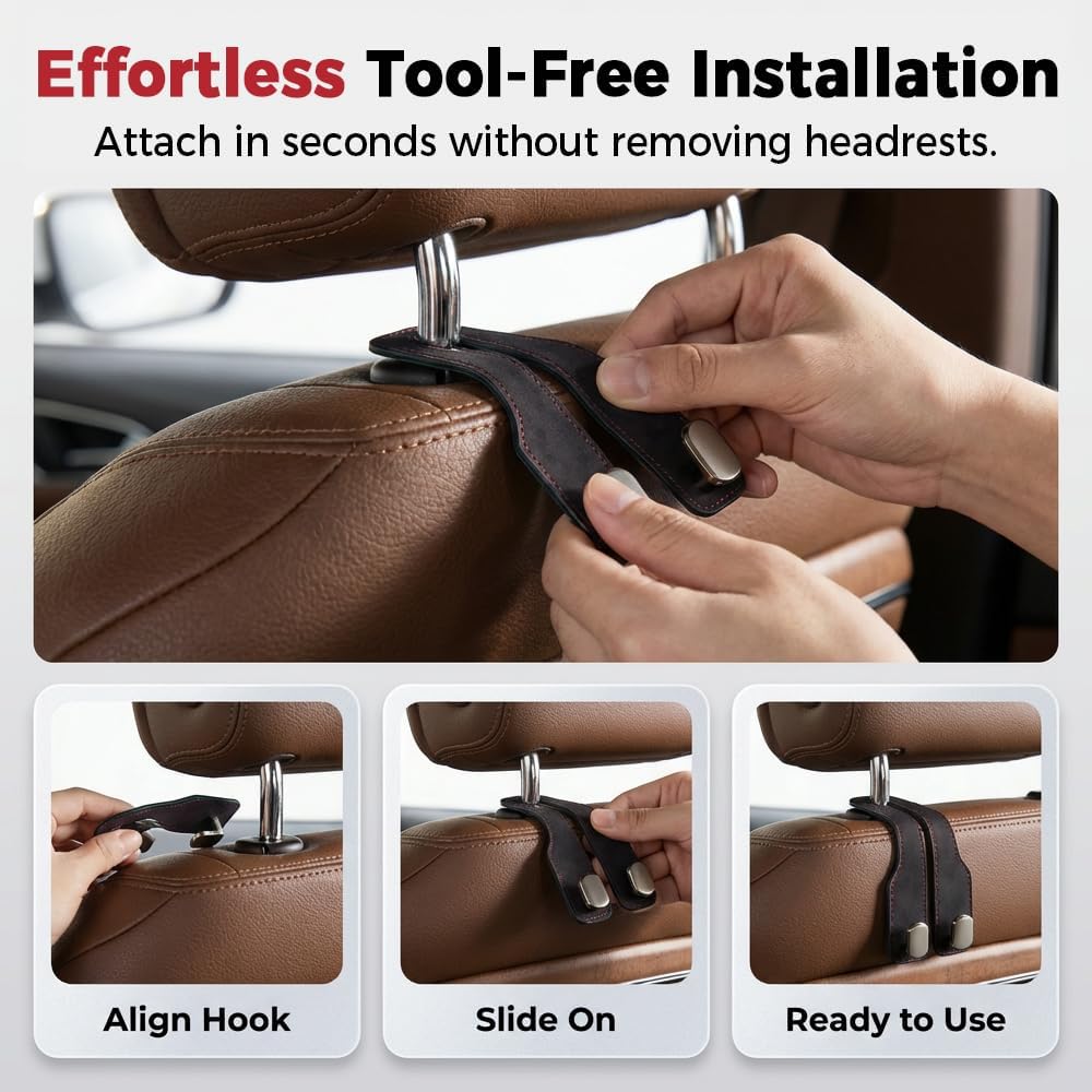 Car Headrest Hooks 2 Pack, Double Hook Seat Organizer for Purses Bags，Black