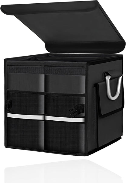 Car Trunk Organizer with Lid, 28L Collapsible Oxford Auto Storage Organizer with Reflective Strip & Handle, Multi-Purpose 2-Compartment Cargo Container for Cars SUVs Trucks (Black)