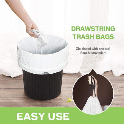 Teivio 2 Gallon Small Drawstring Trash Bags, 90 Count White Garbage Bags, Mini Plastic Bin Liners fit 1.8-2 Gal Waste Bin for Bathroom, Kitchen, Bedroom, Office, Pet Litter, Household Daily Use