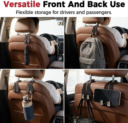 Car Headrest Hooks 2 Pack, Double Hook Seat Organizer for Purses Bags，Black