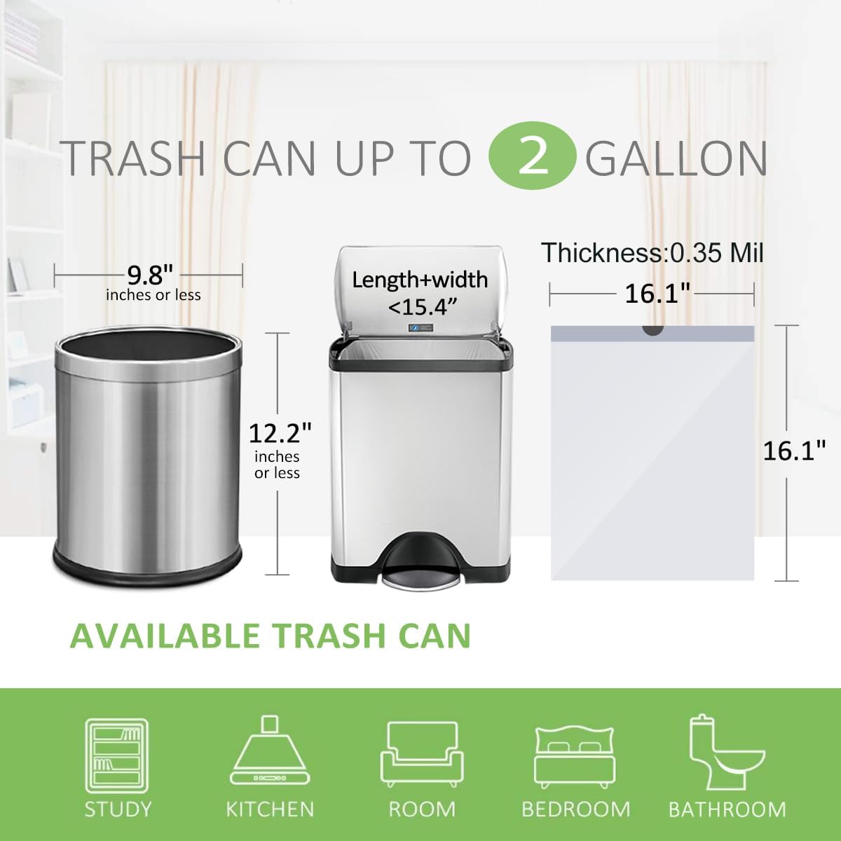 Teivio 2 Gallon Small Drawstring Trash Bags, 90 Count White Garbage Bags, Mini Plastic Bin Liners fit 1.8-2 Gal Waste Bin for Bathroom, Kitchen, Bedroom, Office, Pet Litter, Household Daily Use