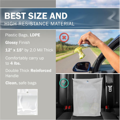 12x15 White Car Trash Bags, Leak-Proof, Headrest Handle, 2 Mil, 50 Pack