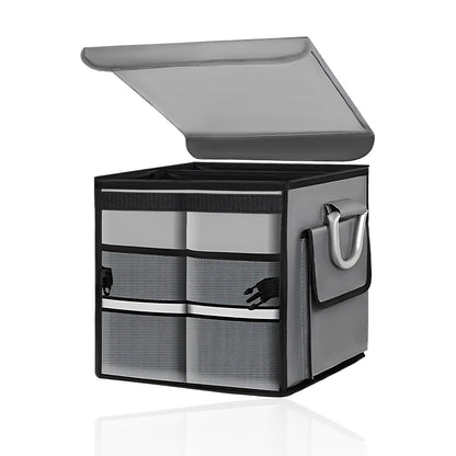 Car Trunk Organizer with Lid, 28L Collapsible Oxford Auto Storage Organizer with Reflective Strip & Handle, Multi-Purpose 2-Compartment Cargo Container for Cars SUVs Trucks (Black)