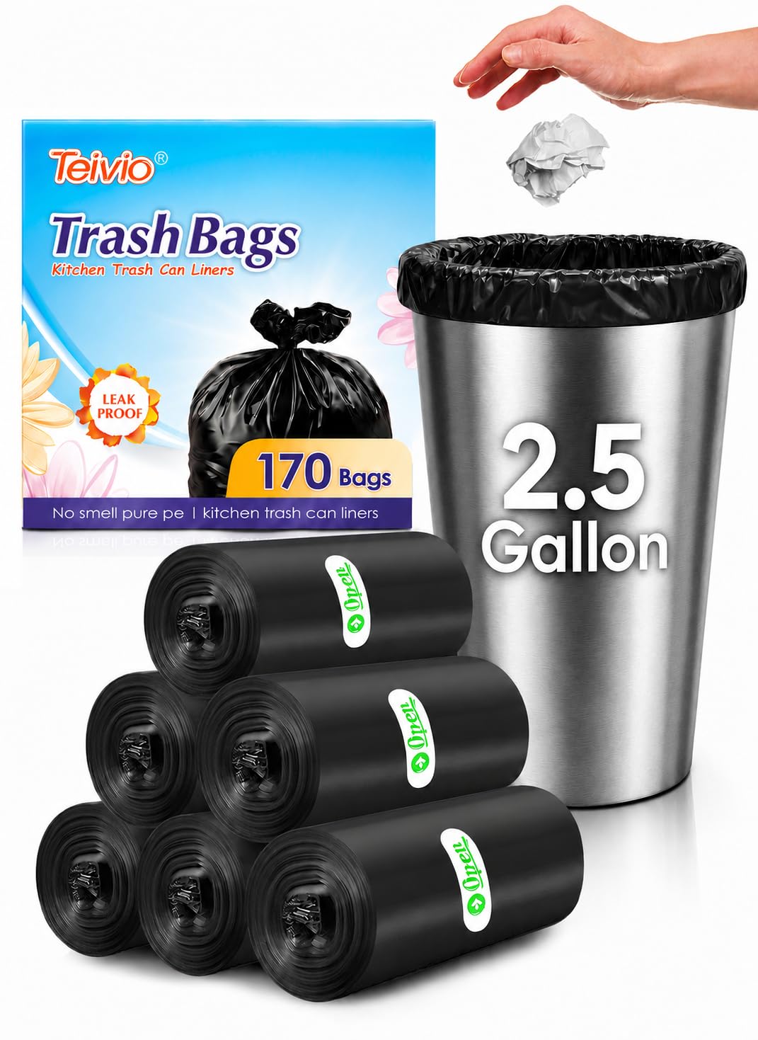Teivio Small Black Trash Bags 2.5 Gallon 170 Count Unscented Garbage Bags