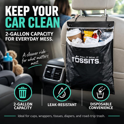 Tossits Hanging Car Trash & Garbage Bags, Disposable, Black 21 Count