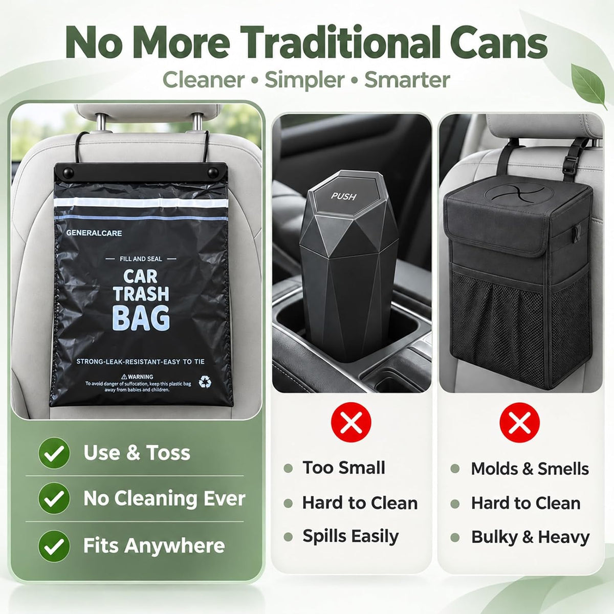 50 Count Disposable Car Trash Bags 2.5 Gallon 1.57mil Heavy Duty Car Trash Can Leakproof Hanging & Stick-On Garbage Bag for Car