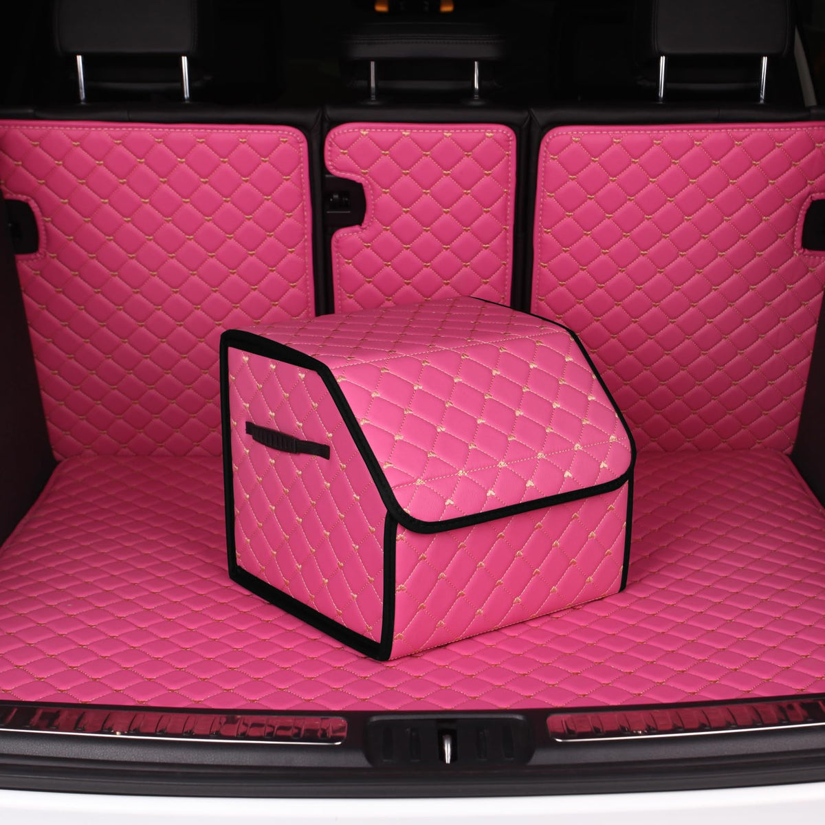 car organizers and storage for SUV,trunk organizer for sedan, leather foldable sleek box with lid,collapsible cargo bins, tool accessories containers,Pink women (21.65 inch)