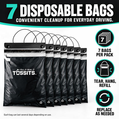 Tossits Hanging Car Trash & Garbage Bags, Disposable, Black 21 Count