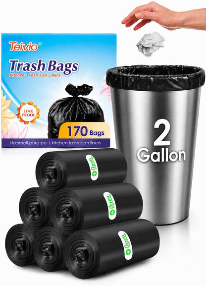 Teivio Small Black Trash Bags 2 Gallon 170 Count Unscented Garbage Bags