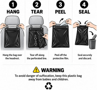 50 Count Disposable Car Trash Bags 2.5 Gallon 1.57mil Heavy Duty Car Trash Can Leakproof Hanging & Stick-On Garbage Bag for Car