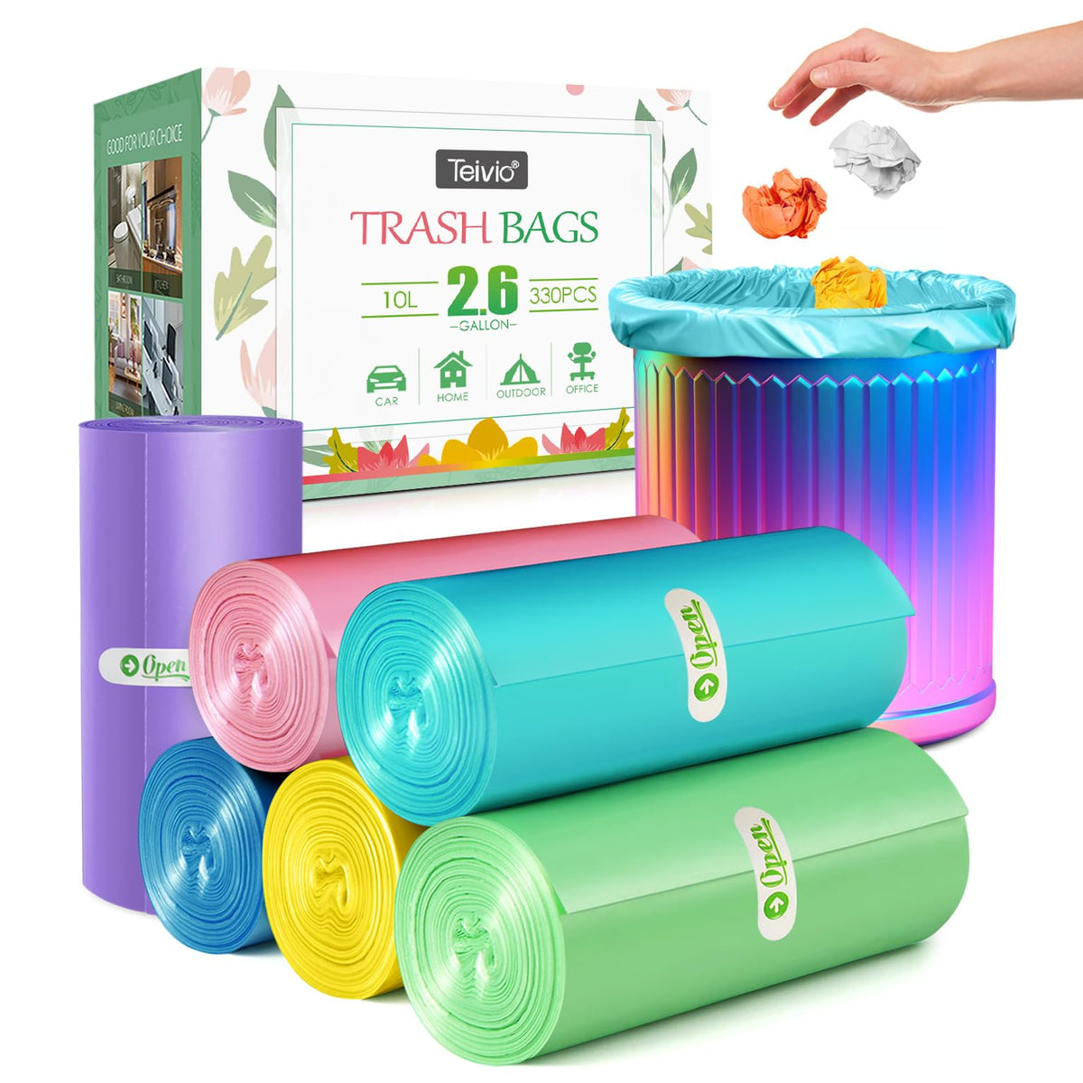 Teivio Small Black Trash Bags 2.5 Gallon 170 Count Unscented Garbage Bags