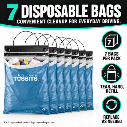 Tossits Hanging Car Trash & Garbage Bags, Disposable, Blue 7 Count
