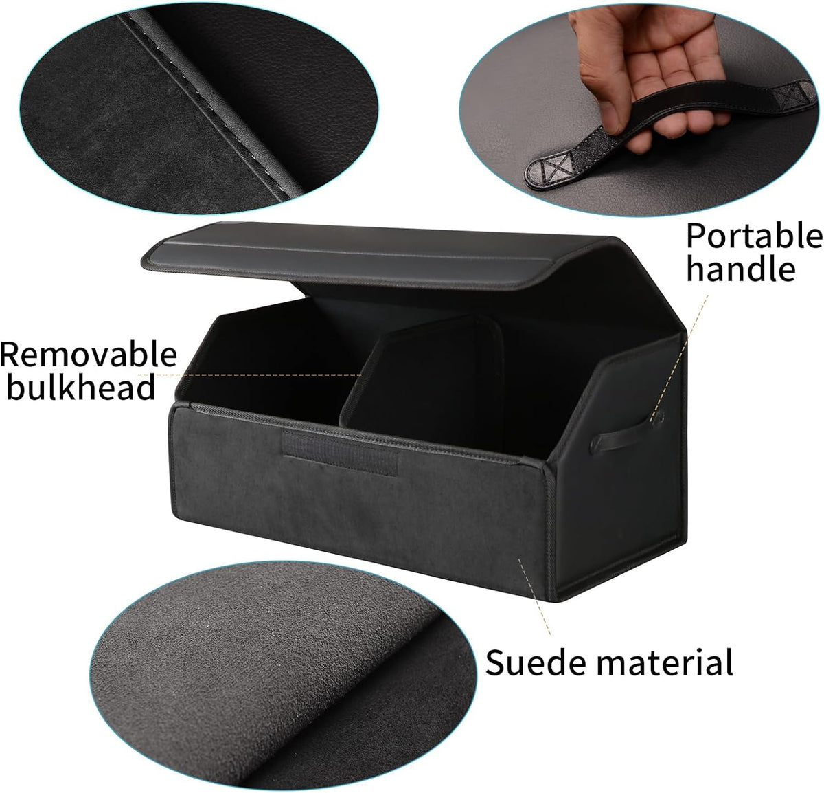 car organizers and storage for SUV,trunk organizer for sedan, leather foldable sleek box with lid,collapsible cargo bins, tool accessories containers,Collapsible Suede velvet (22 inch Covered)