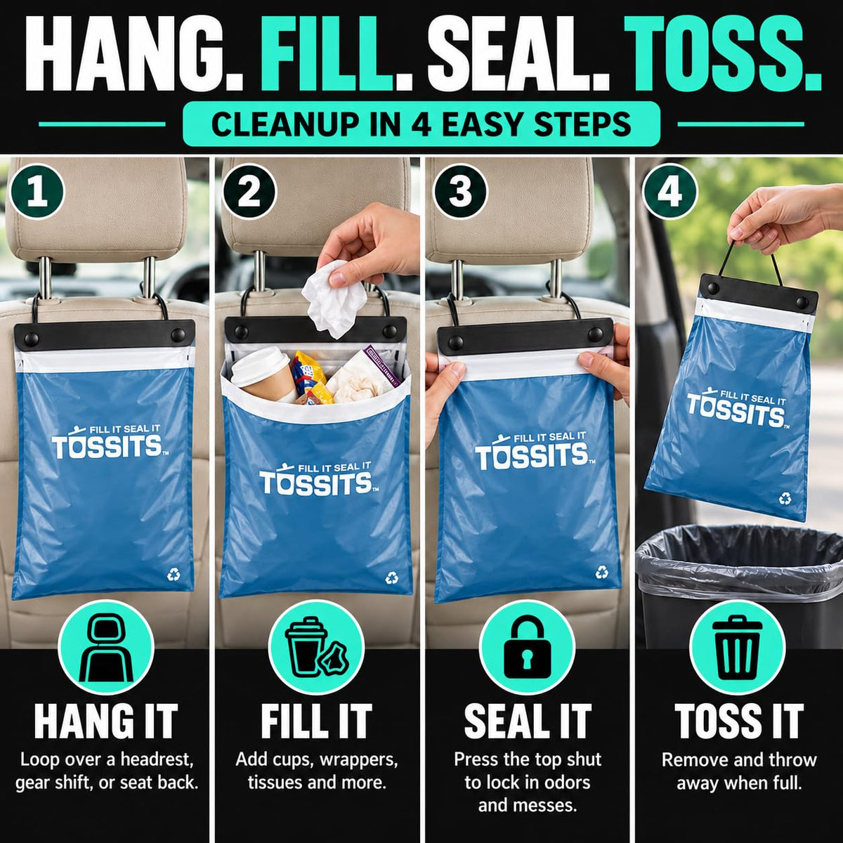 Tossits Hanging Car Trash & Garbage Bags, Disposable, Blue 7 Count