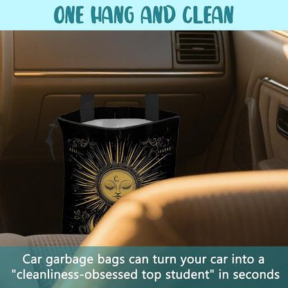 Car Garbage Bag Golden Sun Boho Crescent Moon Stars Hanging Canvas Car Trash Bag Drawstring Car Back Seat Organizer for Car Back Front Seat Console with Adjustable Buckle