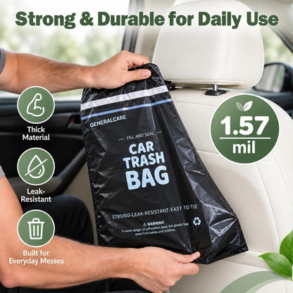 50 Count Disposable Car Trash Bags 2.5 Gallon 1.57mil Heavy Duty Car Trash Can Leakproof Hanging & Stick-On Garbage Bag for Car