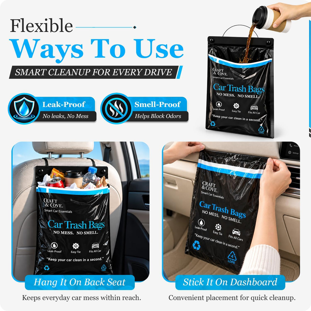 Hanging Car Trash Bags Disposable, 2 Gallon Car Garbage Bags