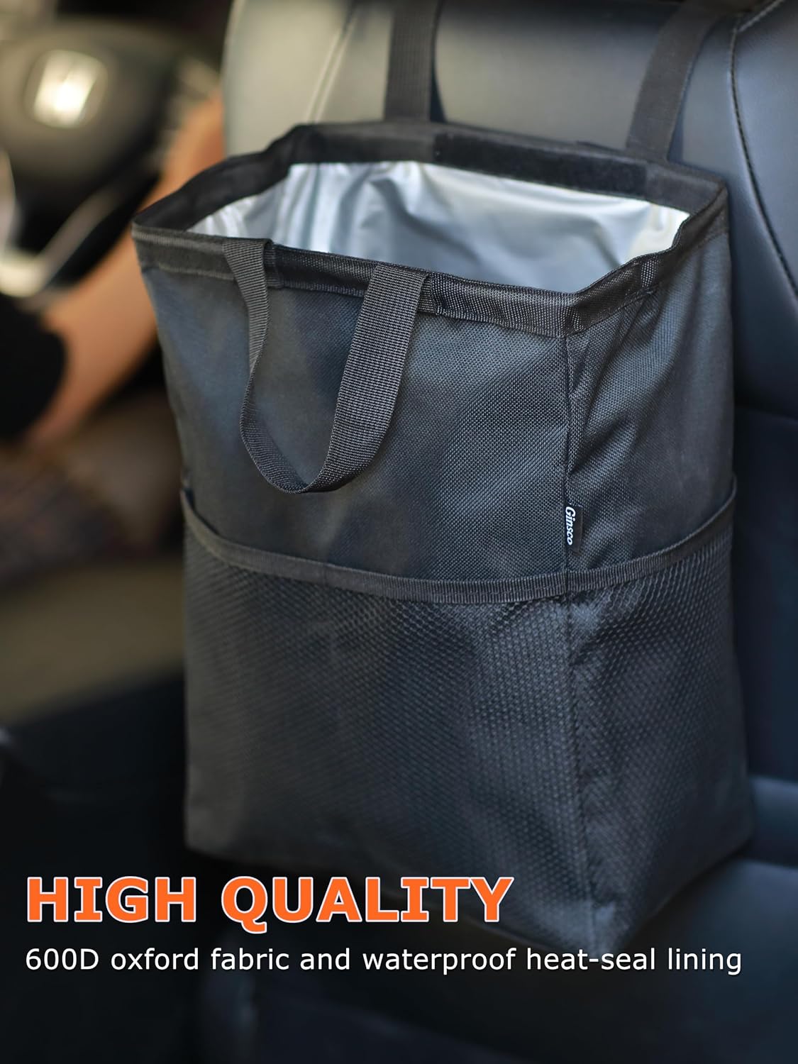 Ginsco New Leak-Proof Travel Car Trash Bag, 3.5 Gallons Large Capacity Hanging Car Trash Can with Hook and Loop Lid and Handle, Multipurpose Trash Bin with Storage Pockets for SUV RV Camping (Black)