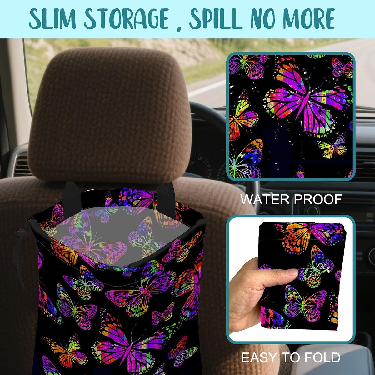 Car Garbage Bag Watercolor Colorful Butterflies Hanging Canvas Car Trash Bag Waterproof Drawstring Car Back Seat Organizer for Car Back Front Seat Console with Adjustable Buckle