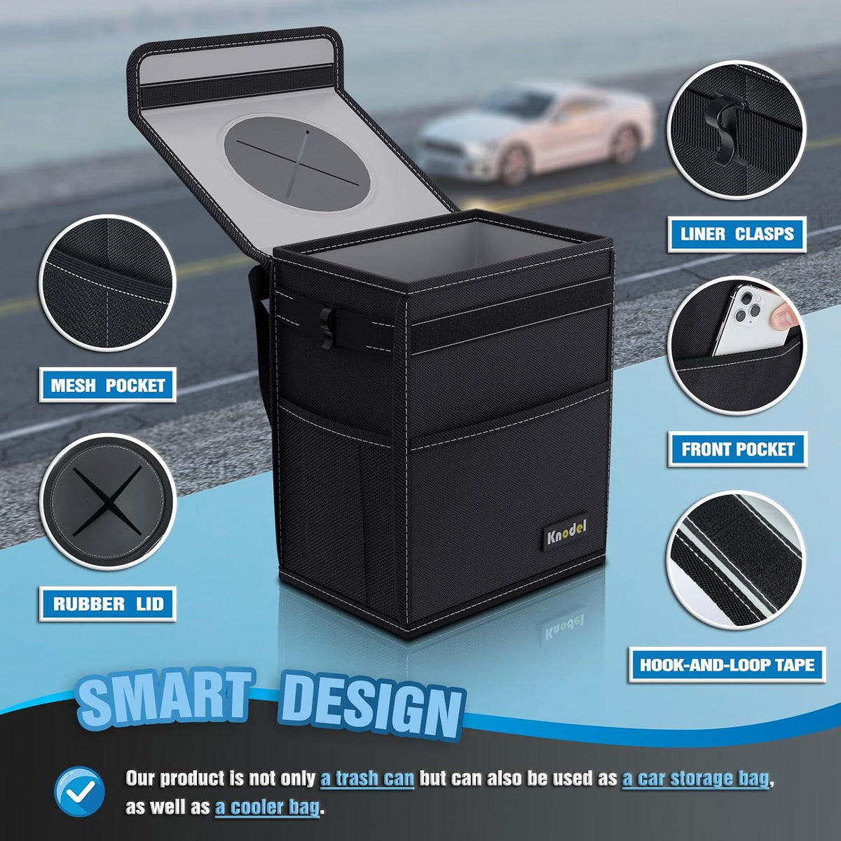K KNODEL 2 Gallon Black Leak-Proof Waterproof Car Trash Can with Lid