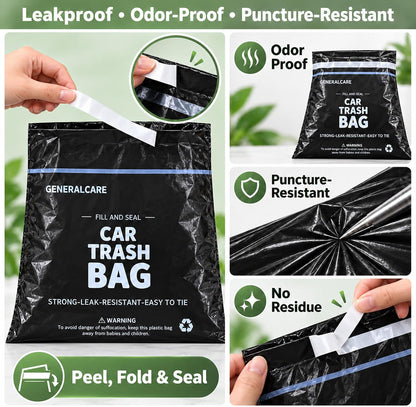50 Count Disposable Car Trash Bags 2.5 Gallon 1.57mil Heavy Duty Car Trash Can Leakproof Hanging & Stick-On Garbage Bag for Car