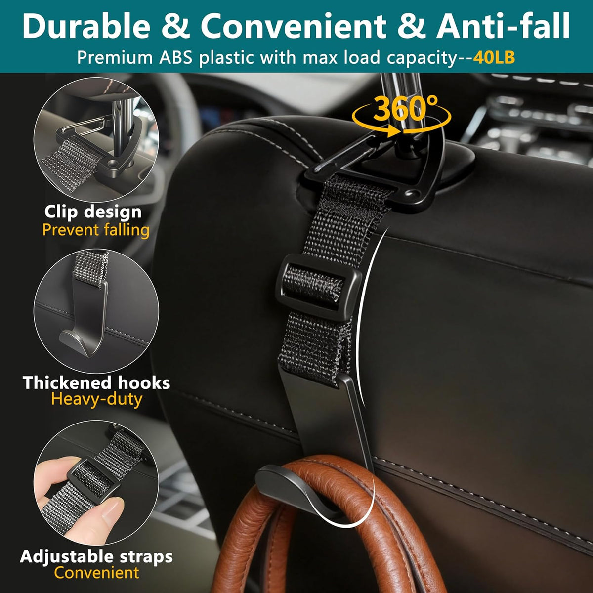 Amooca 4 Pack Anti-drop Headrest Hooks Adjustable Car Seat Organizer