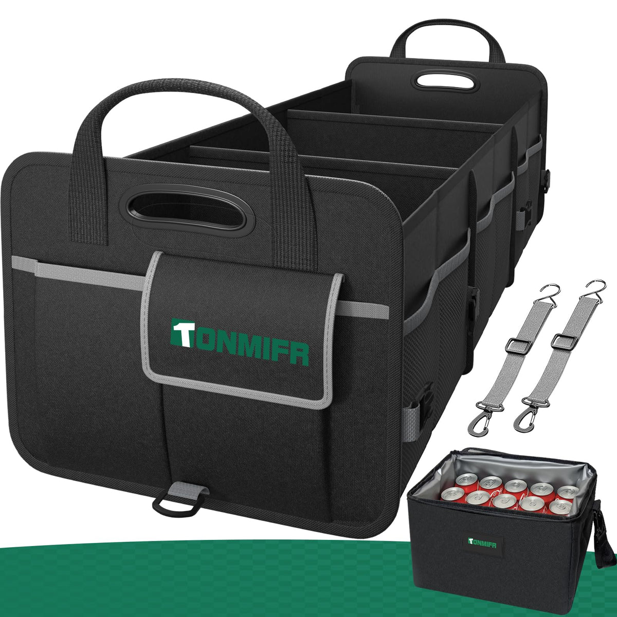 Heavy-Duty Trunk Organizer & Multi-Compartment Storage Box for SUV/Sedan/Minivan,600D Waterproof Oxford,2 Securing Hooks & Reflective Strips-Large Capacity Organiser(92L)