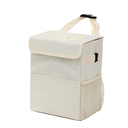 AOKJOY Car Garbage can with lid Leak Proof Vehicle Trash Can 3 Storage Pockets Hanging Waterproof car Trash Bag for SUV Beige