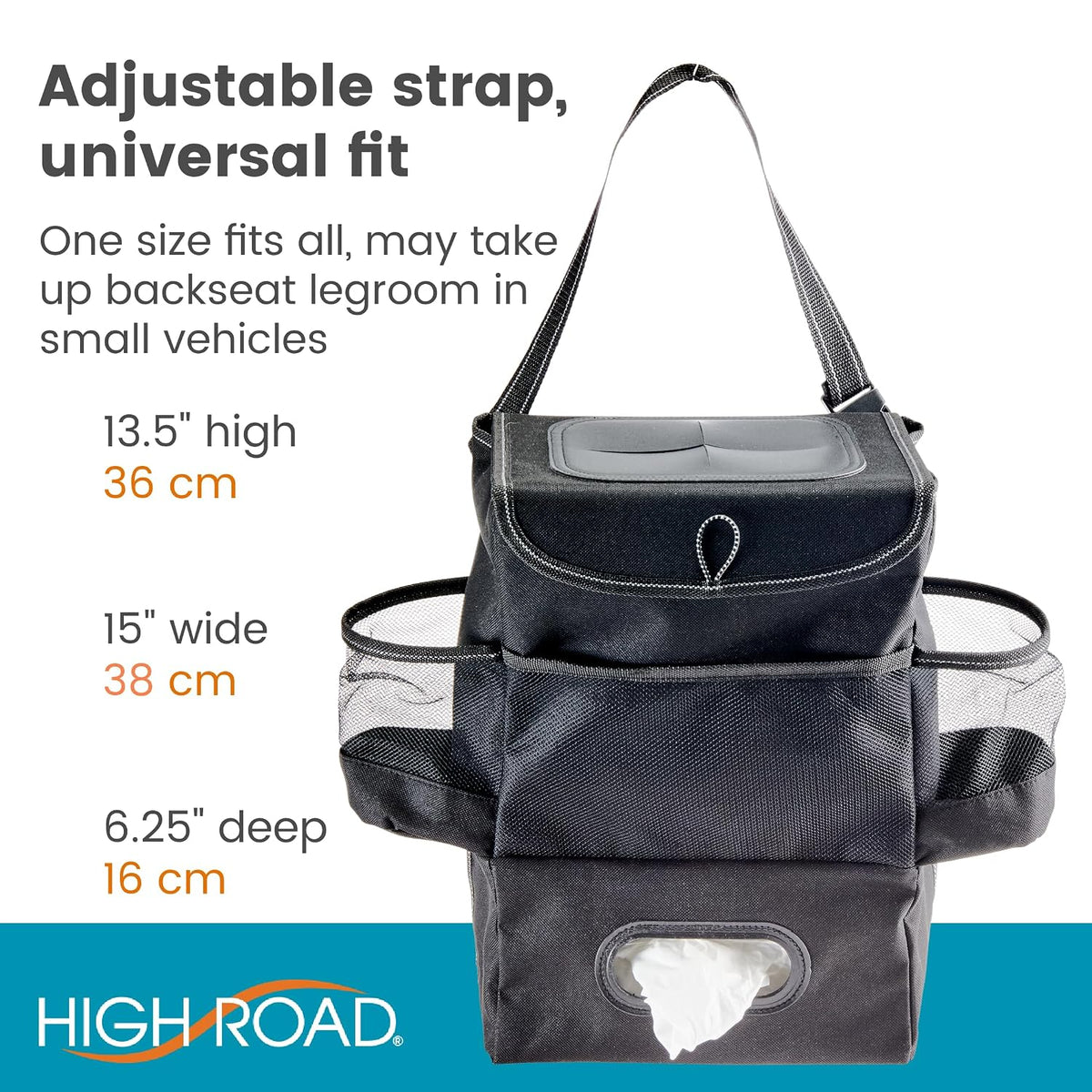 High Road Car Seatback Organizer - Hanging Car Trash Can with Tissue Holder