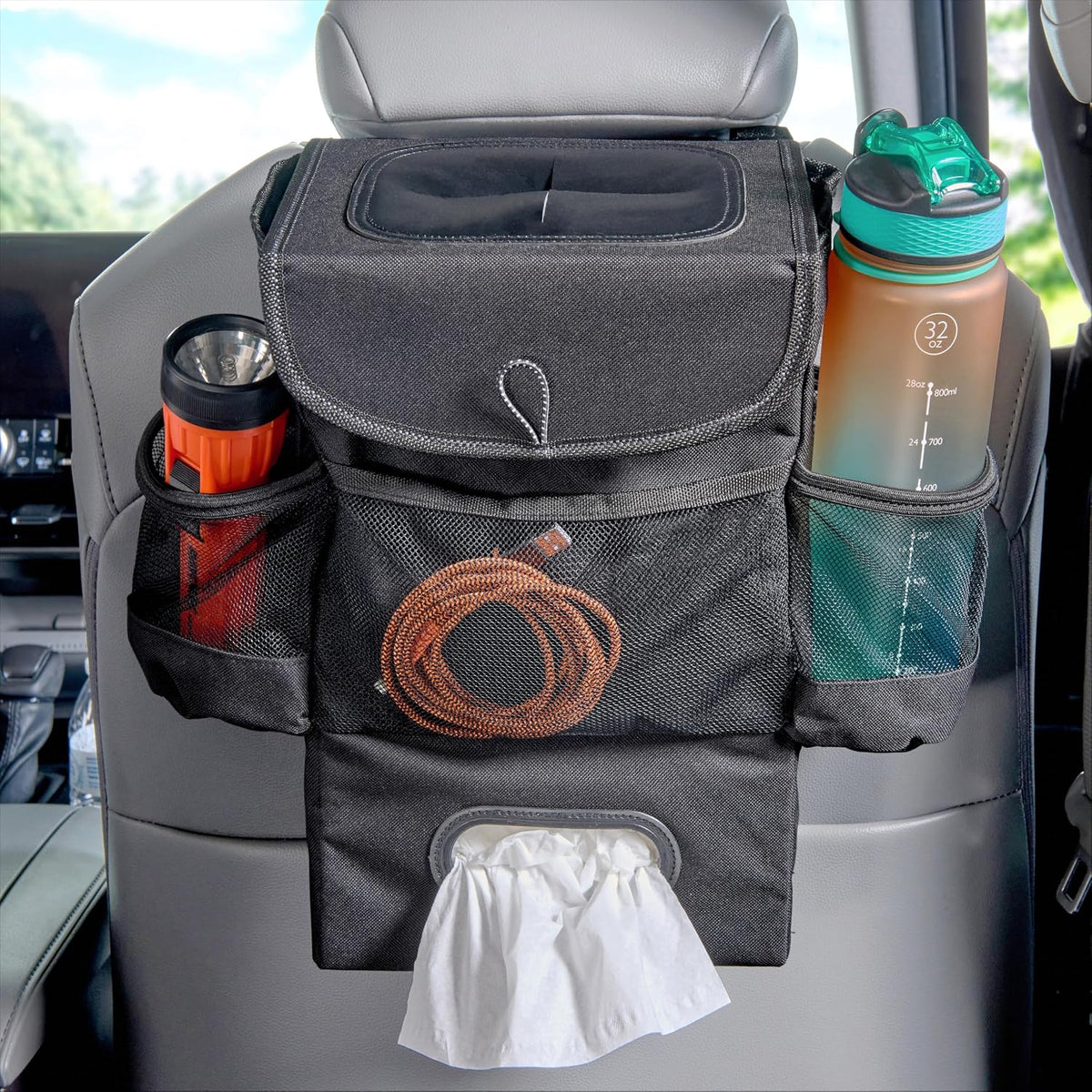 High Road Car Seatback Organizer - Hanging Car Trash Can with Tissue Holder