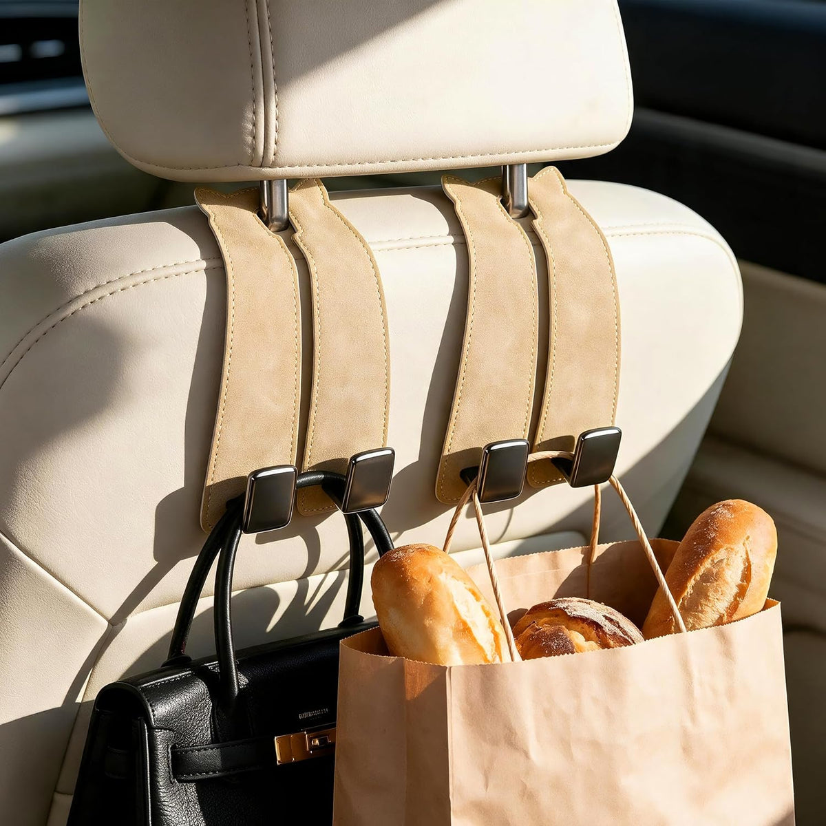 Amooca Car Headrest Hooks 2-Pack Suede Seat Organizer with Metal Core