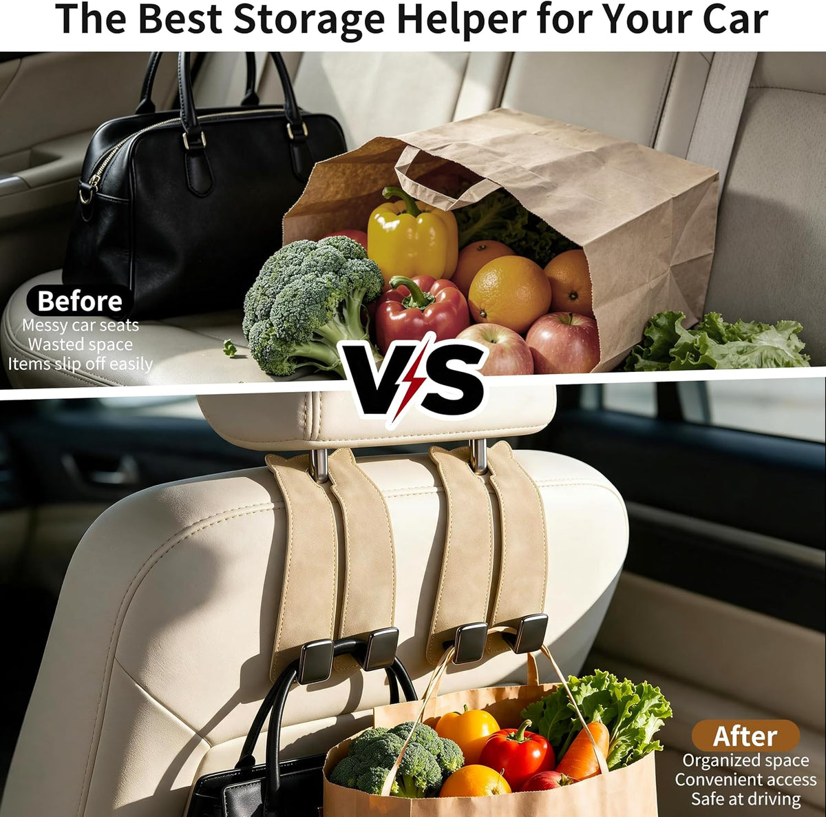Amooca Car Headrest Hooks 2-Pack Suede Seat Organizer with Metal Core